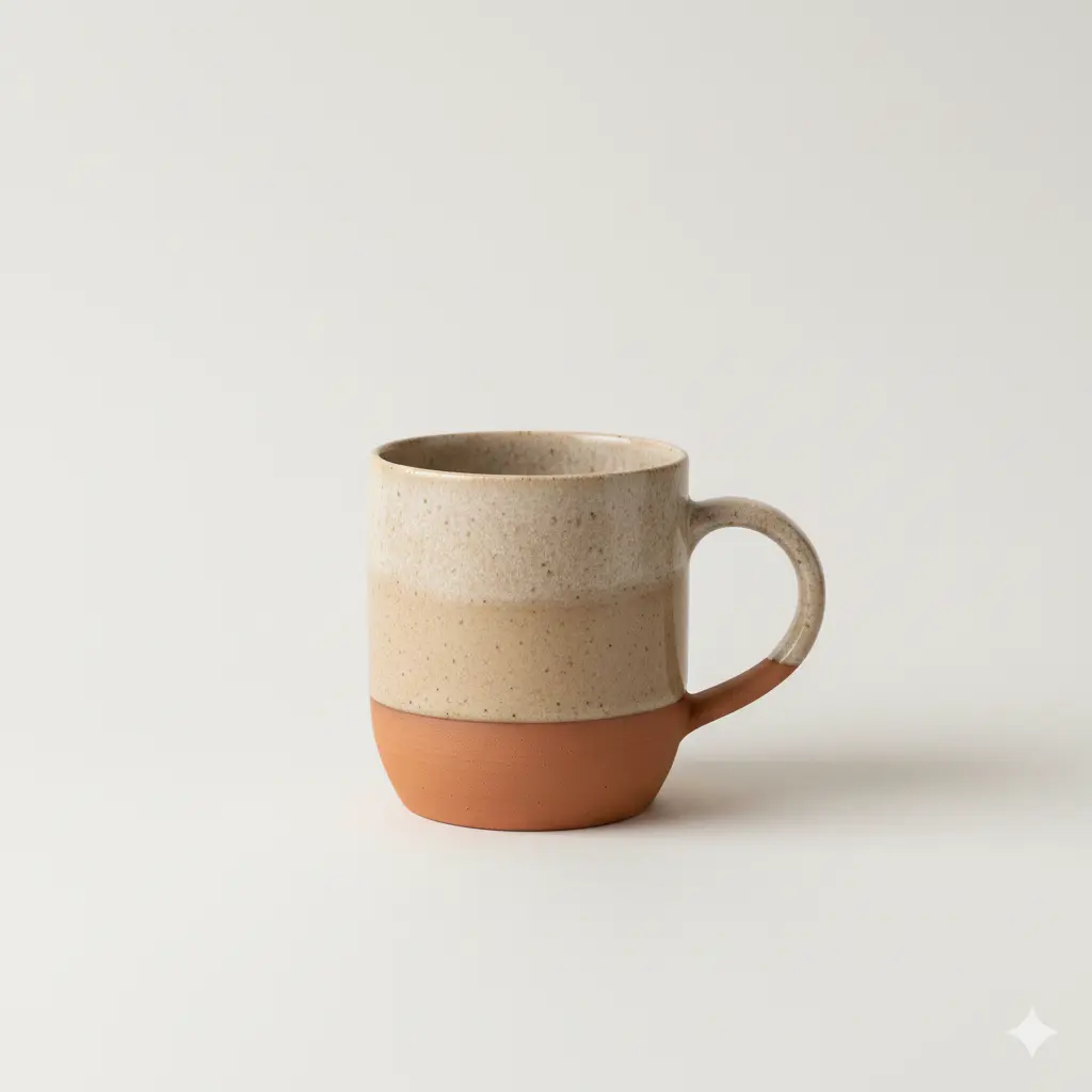 Enkelt produktbillede af beige keramik kop med halvsku